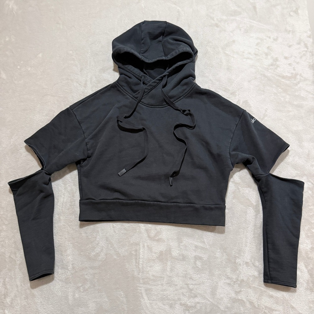 Alo Yoga Peak Cut Out Crop Hoodie Women M Black Cropped Relaxed Fit French Terry - Picture 1 of 9